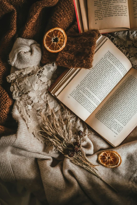 an open book next to oranges and some dried fruits