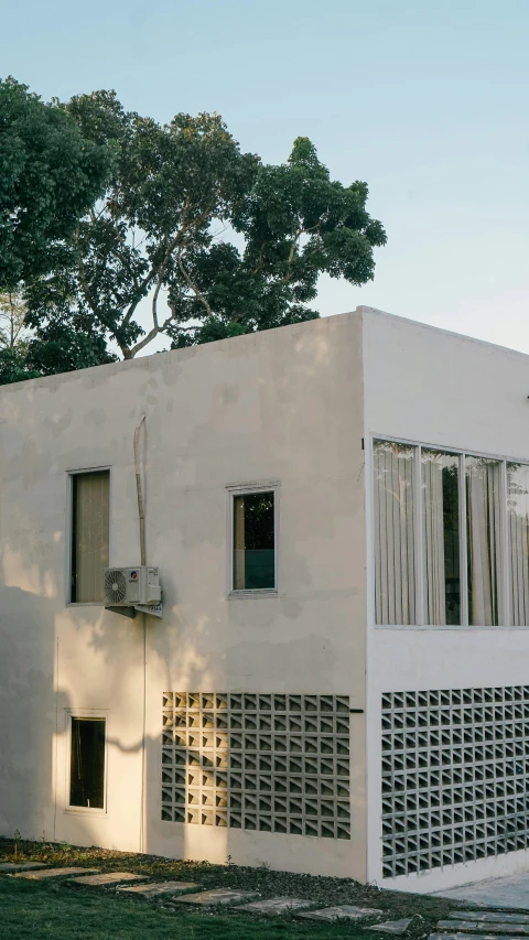 a large white building is next to a tree