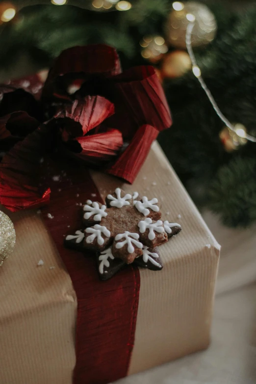 this is an image of a present wrapped in paper and surrounded by decorations