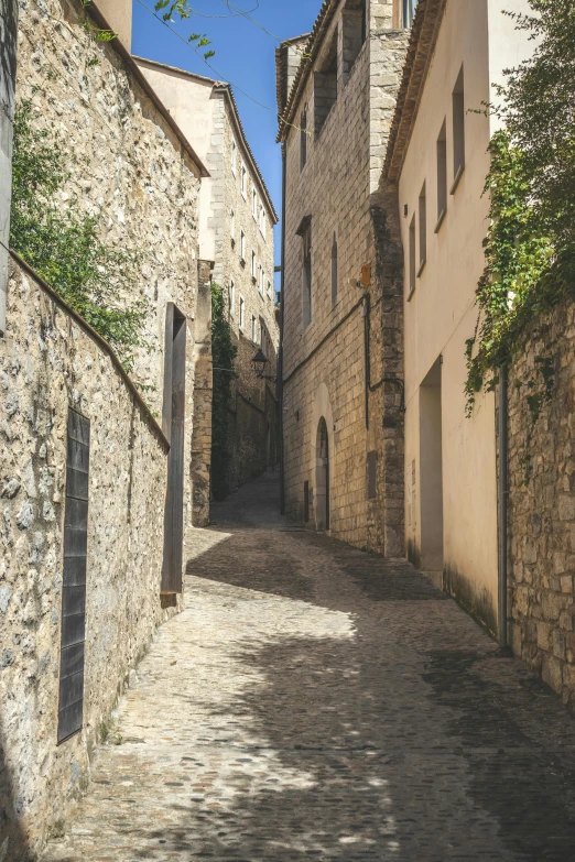 the cobblestone street is very narrow and quiet