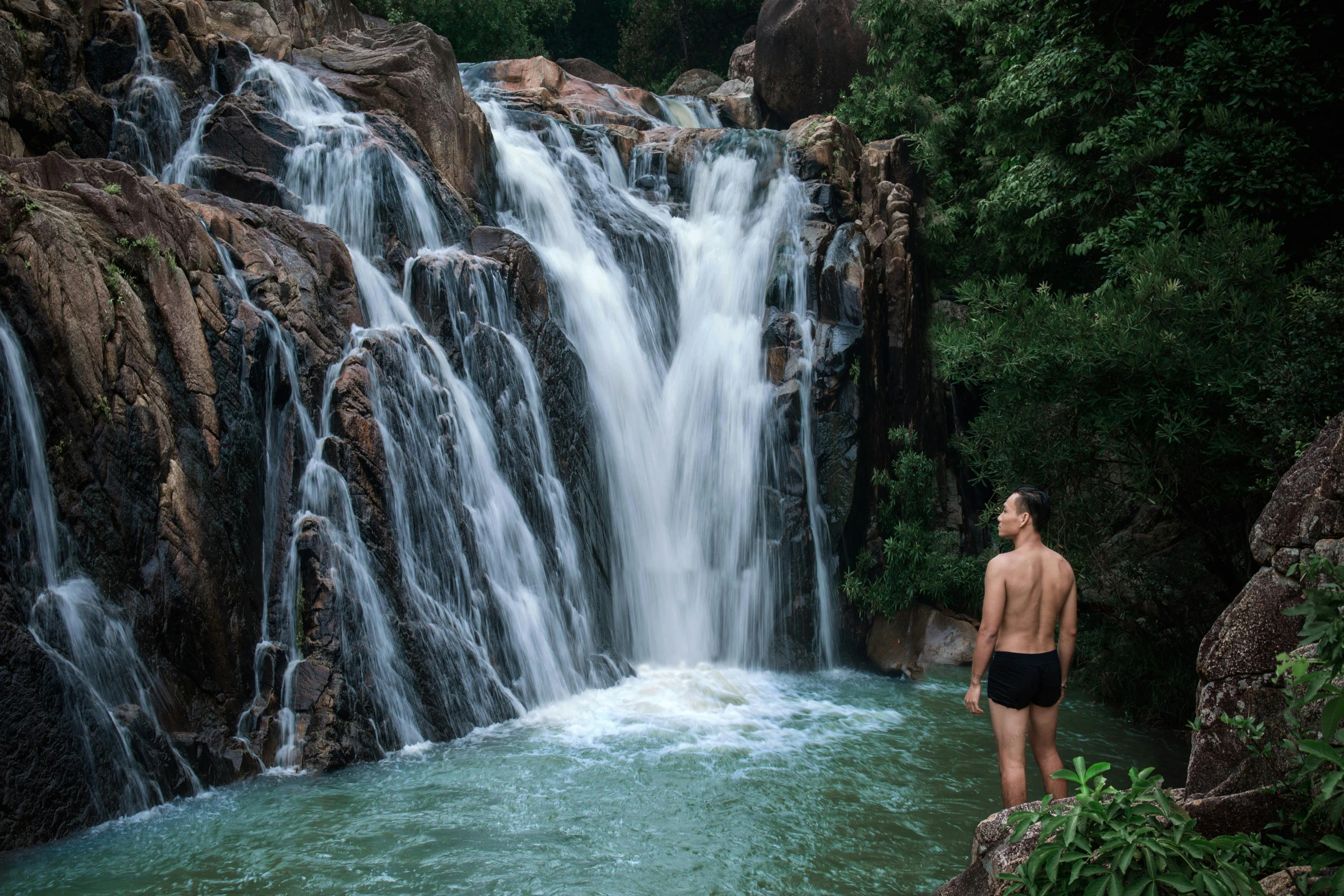 a man standing by a waterfall on top of a lush green forest