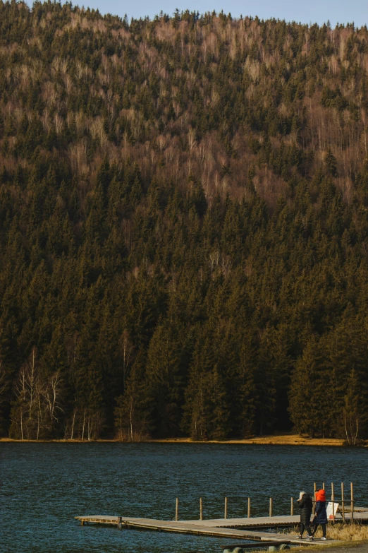 a boat floating on top of a lake near a forest