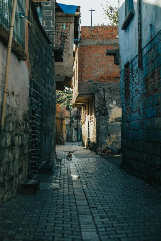 a cobble stone street with a brick building