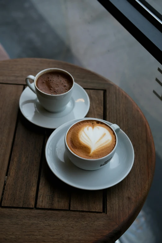 two cups of  chocolate on a wooden table