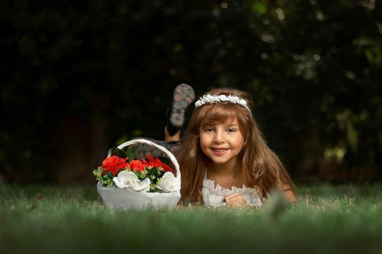 girl lying in grass with a basket of roses and other flowers