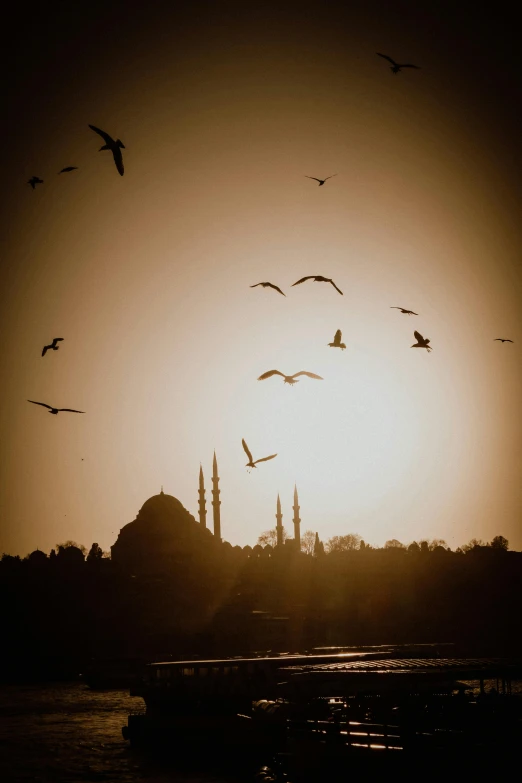 many birds flying in the air above a large body of water