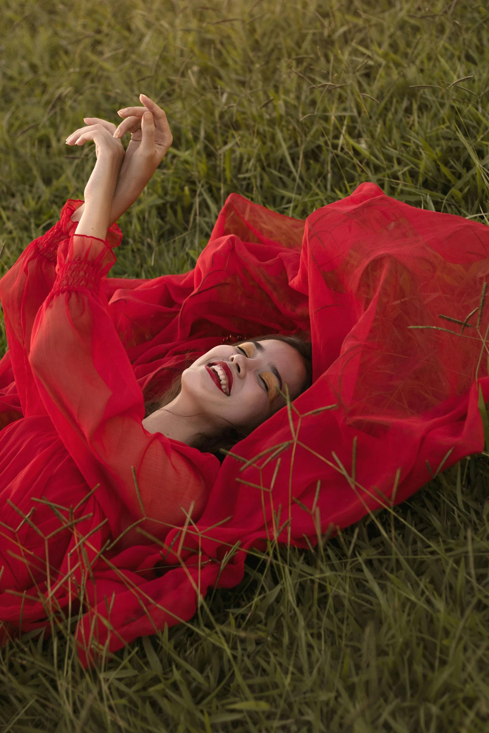 a woman in a red dress lies in some grass