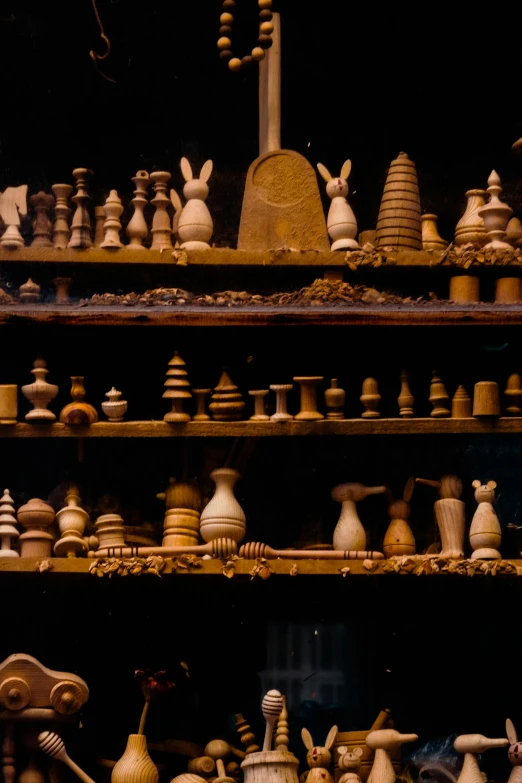 a large collection of wooden objects sit on shelves