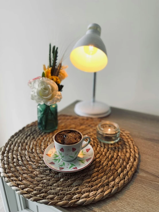 a cup of coffee sitting on a saucer and a saucer next to a lamp