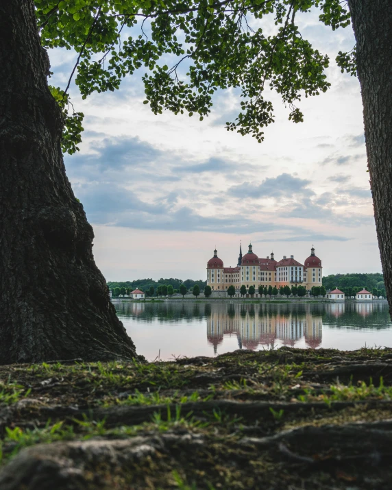a lake sits beneath some trees and has a castle on top