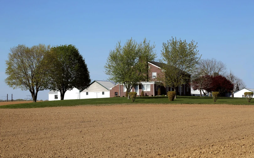 a house and a farm with three trees in front