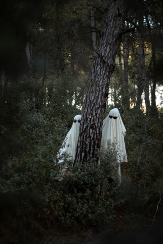 two ghost figures in white robes are standing beside a tree