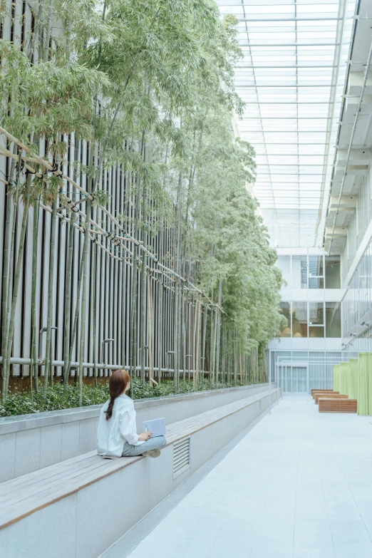 a girl is sitting on the edge of a walkway with her laptop