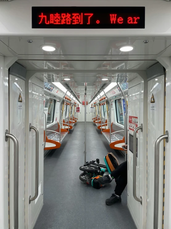 a person inside of a subway car with luggage