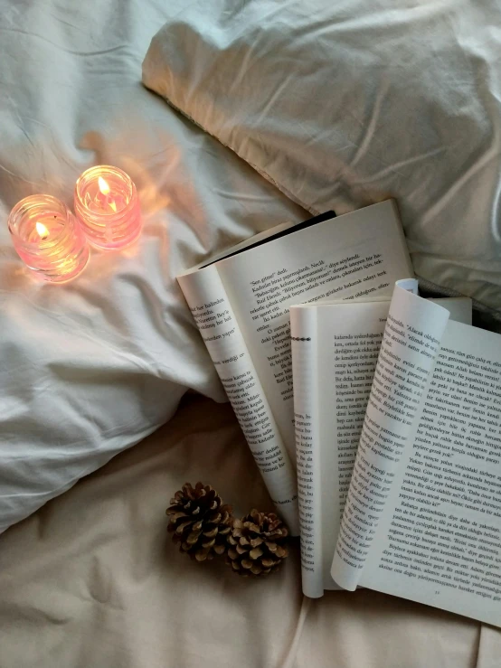 three candles, a pine cone and three open book on a bed