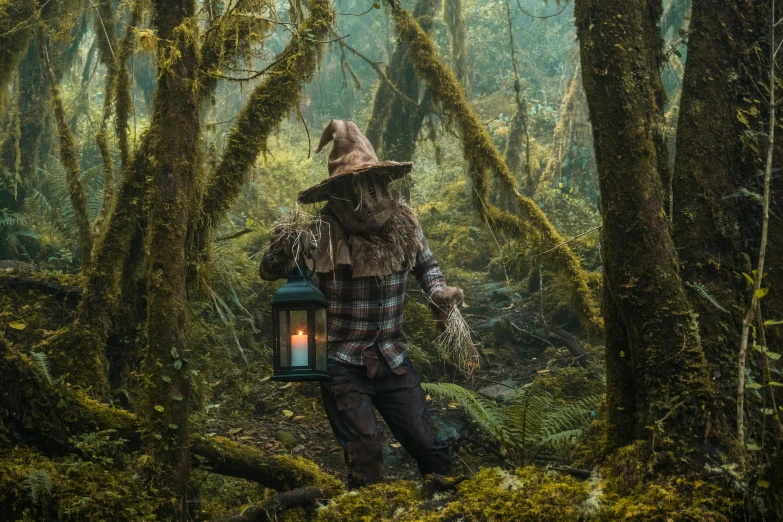 a person in a hat is holding a lantern in the forest