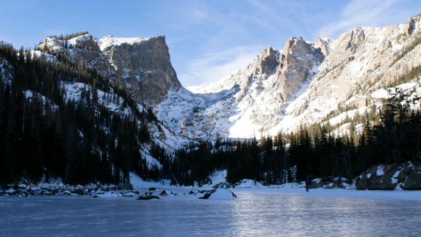 snow on the ground, trees and mountains beside a lake