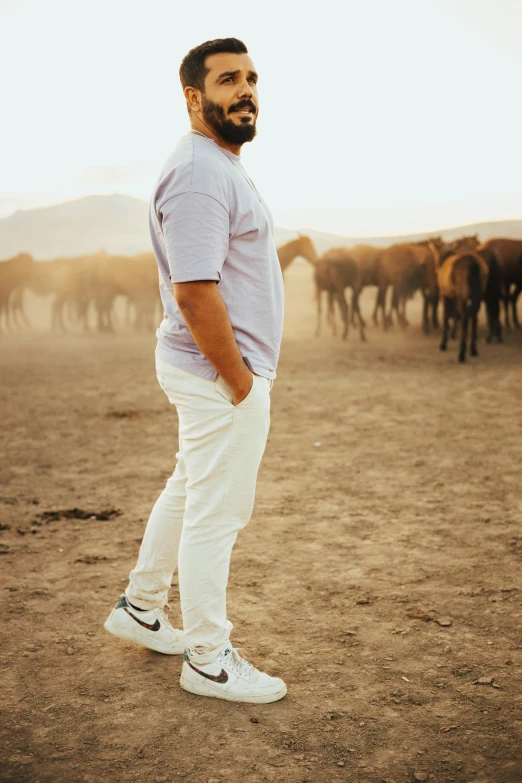 a man is standing in front of a large group of cows