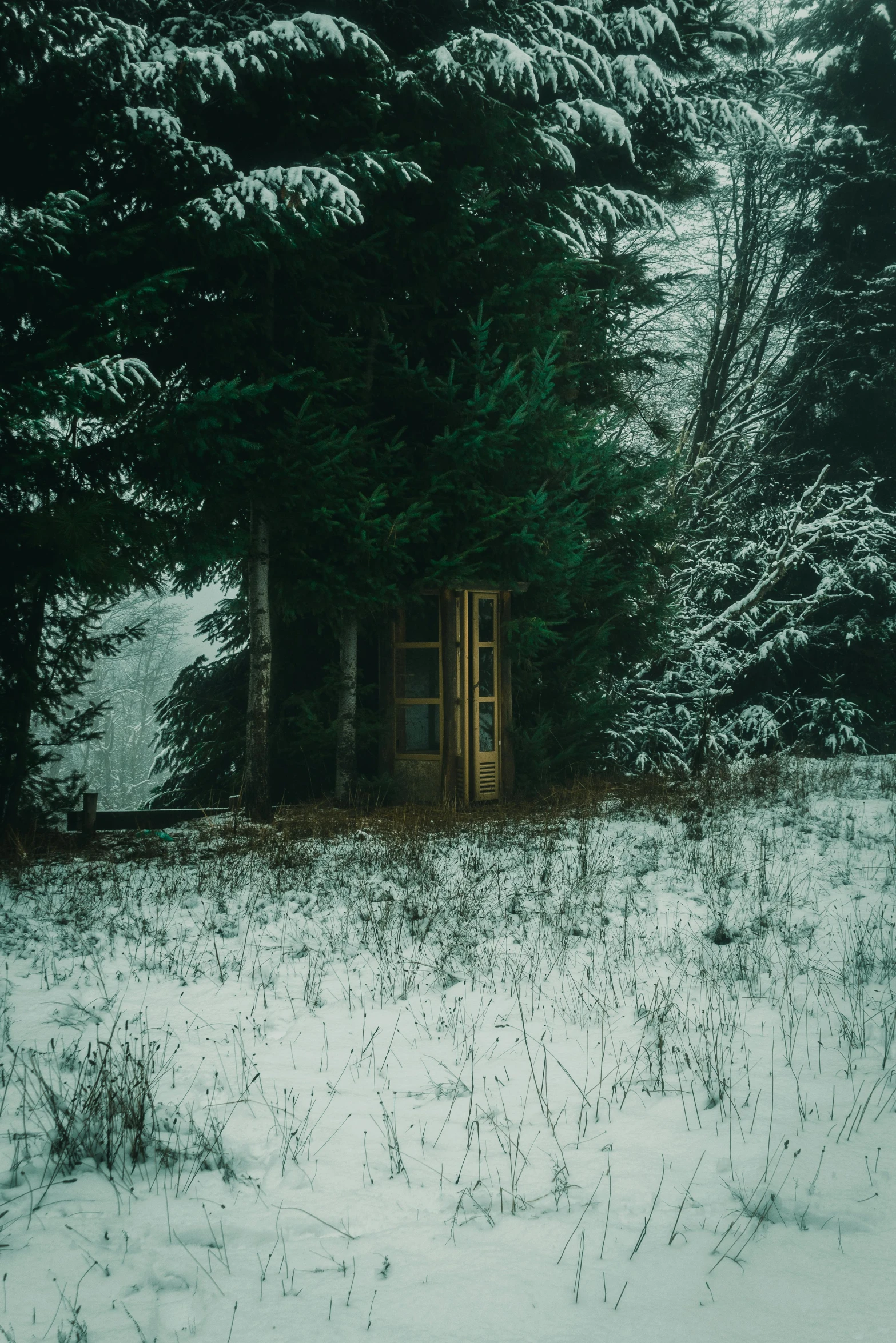 there is a snowy field with an outhouse