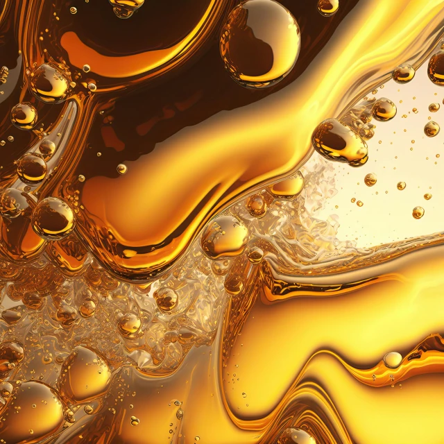 an abstract view of oil drops and gold flakes