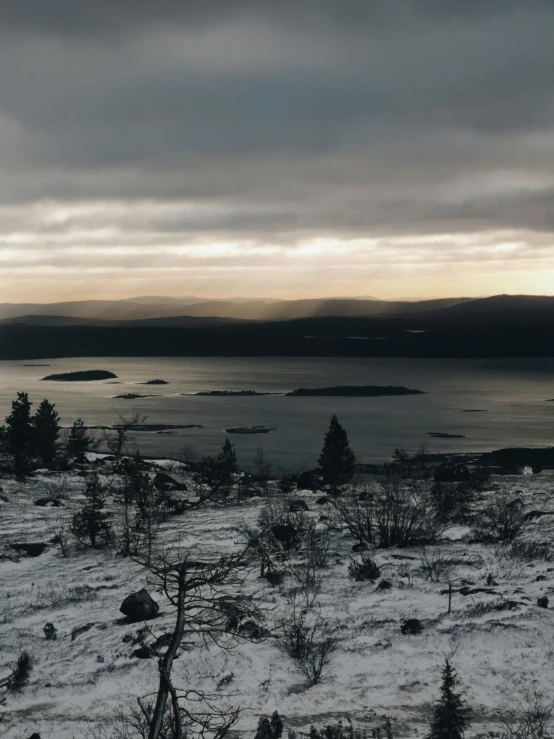 a snowy field with trees, water and mountains