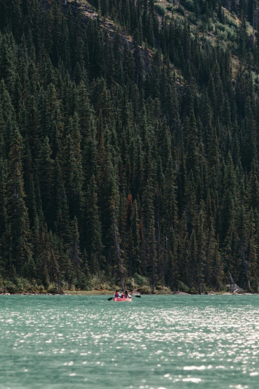 a couple of people in a small boat on a large lake