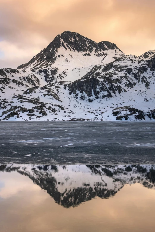 mountain reflection in large lake covered in snow