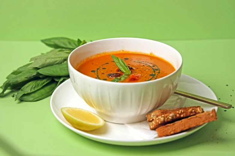 a bowl of soup, bread sticks, and some leaves