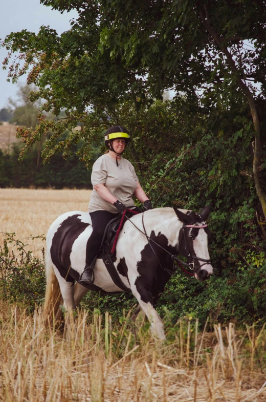 a man wearing a helmet rides a horse through the fields