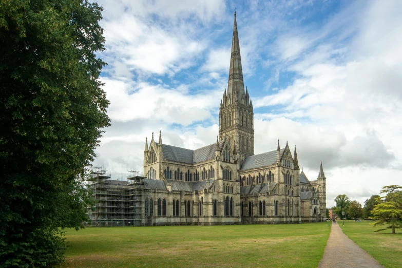 a large cathedral with many spires towering over a park