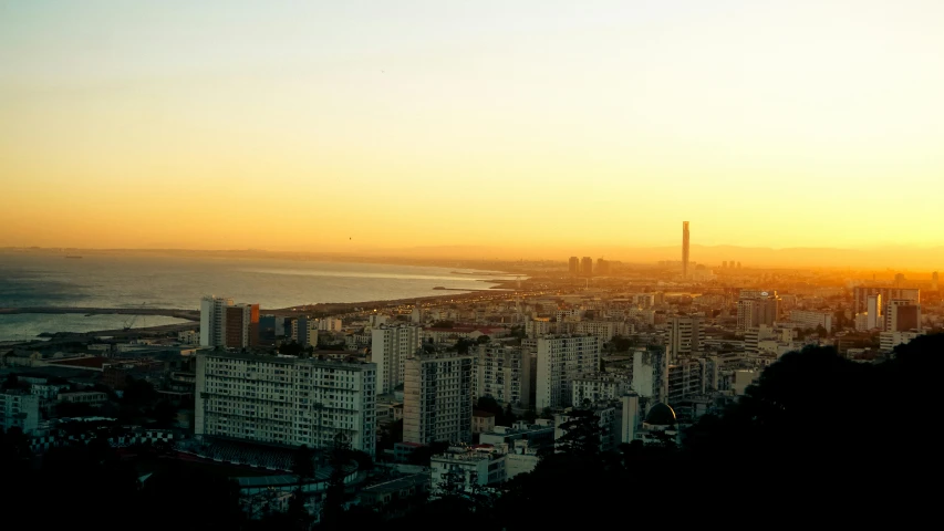 the skyline of the city, with many tall buildings and one plane flying in the sky