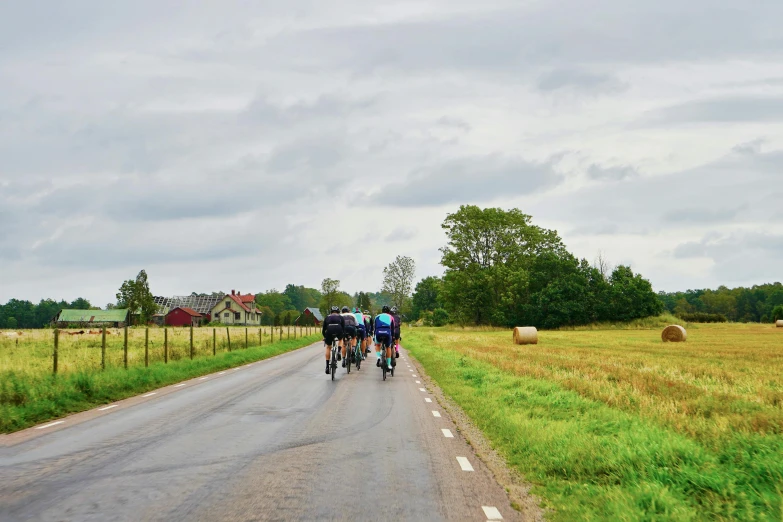 four people on bicycles are riding down the road