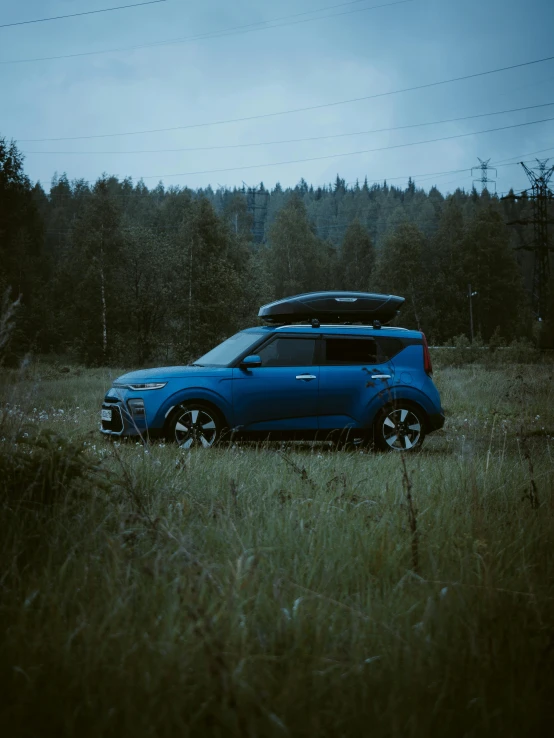 an suv is parked in tall grass with its roof open