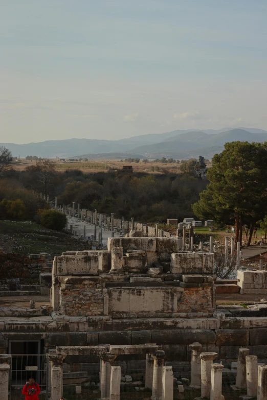 many ruins and trees in a barren area