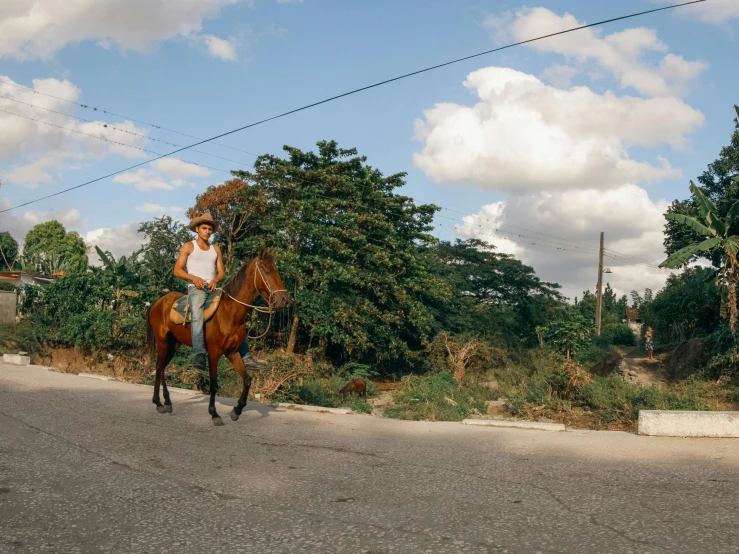 man riding on back of brown horse across street