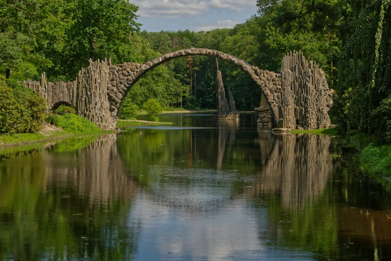 stone bridge reflecting in water between trees and bushes