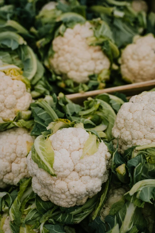 closeup view of cauliflower and greens at a market