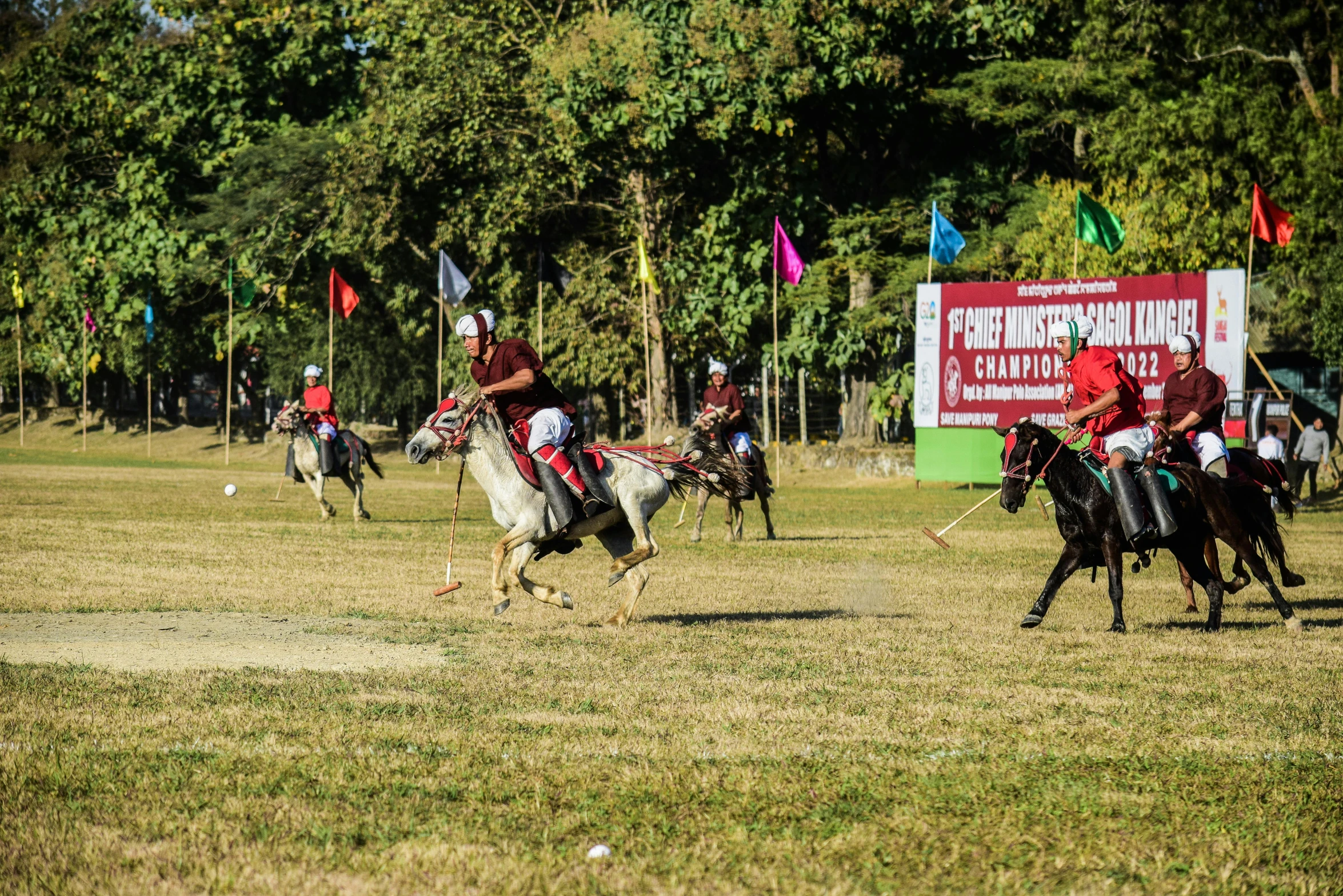 several people are riding horses in a field