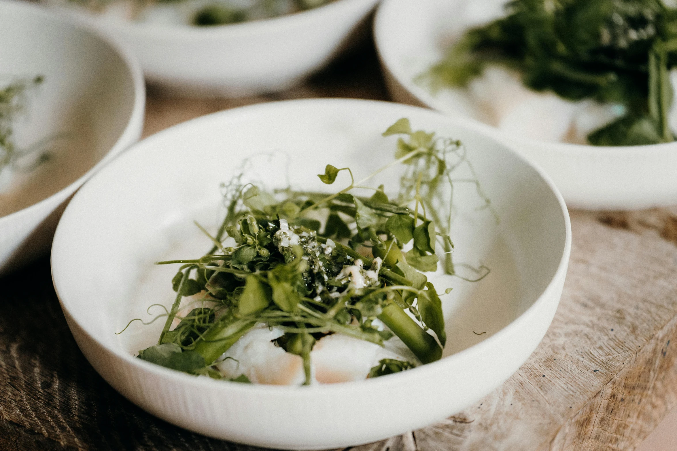 the bowls have different greens in them