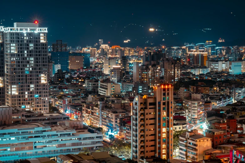 an aerial view of the city at night