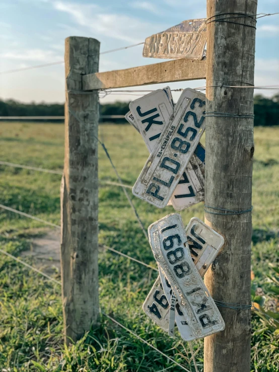 three street signs are hanging up on the fence