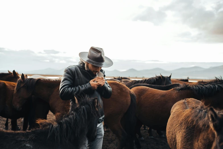 a man in hat and leather jacket with horses on grassy field
