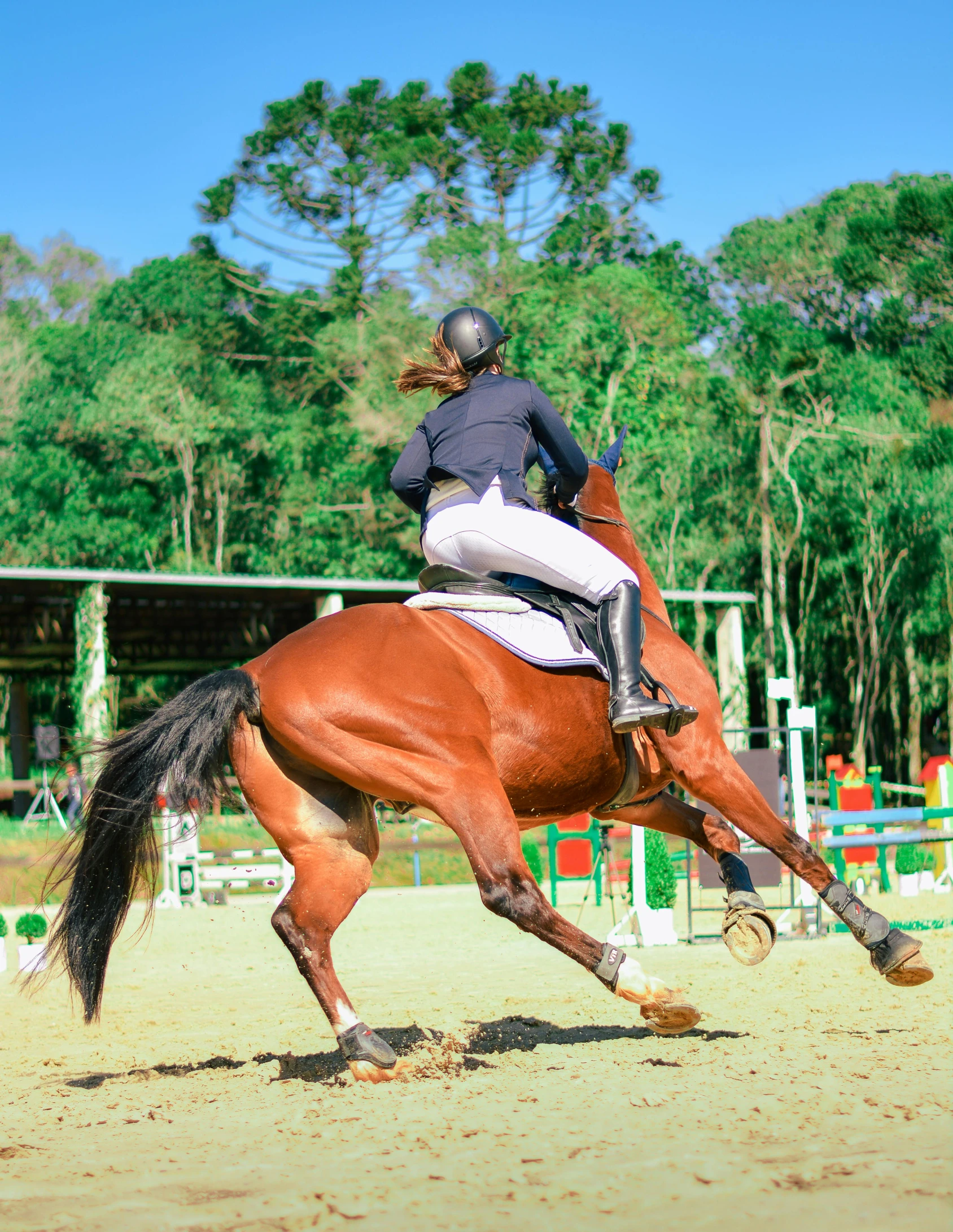 a woman riding on the back of a brown horse