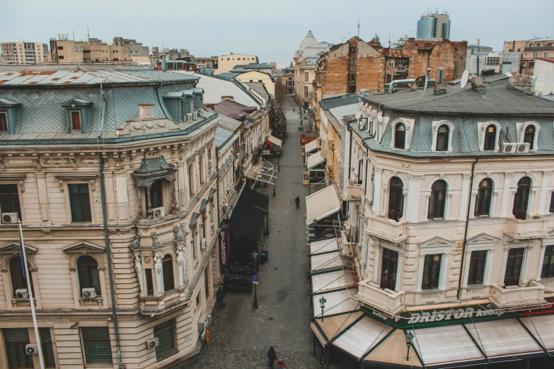 aerial view of city street with old buildings