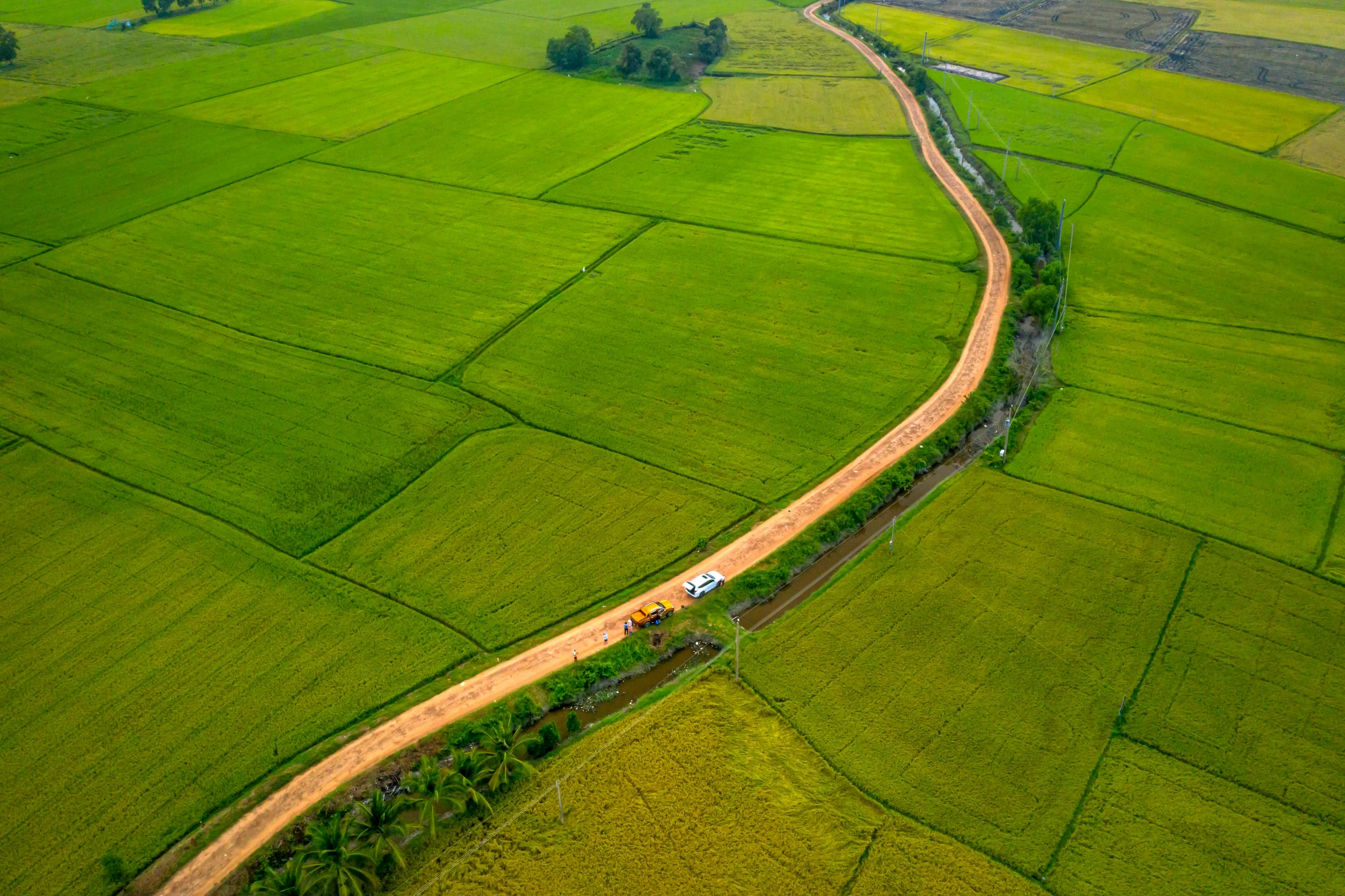 a train going down a track in the middle of a green landscape