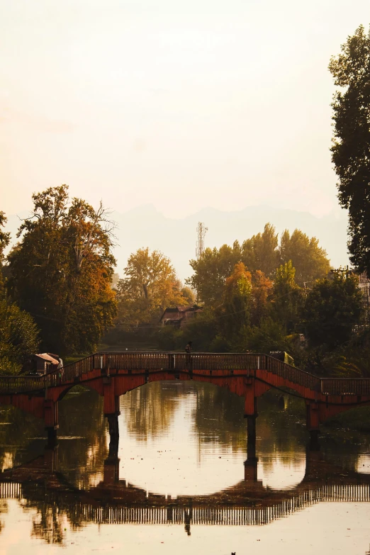 a red bridge over a river with a horse standing on one side