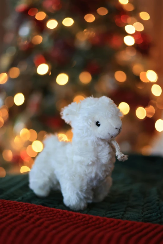a stuffed toy of a little lamb sits by the christmas tree