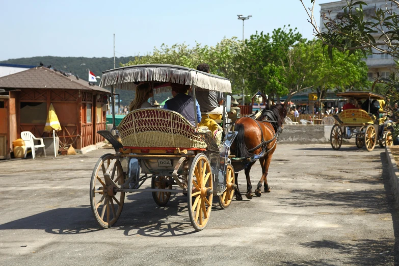 a horse drawn carriage going down a dirt road