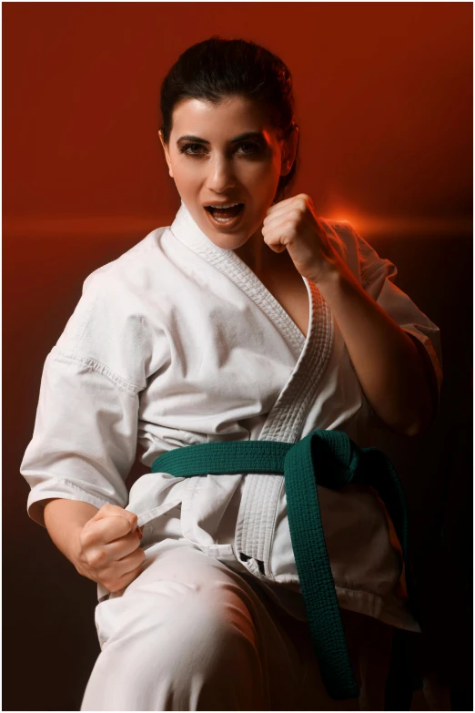 a woman is wearing a karate outfit and smiling