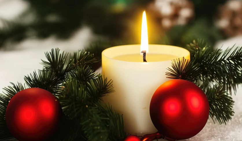 a candle surrounded by evergreen nches with christmas decorations around it
